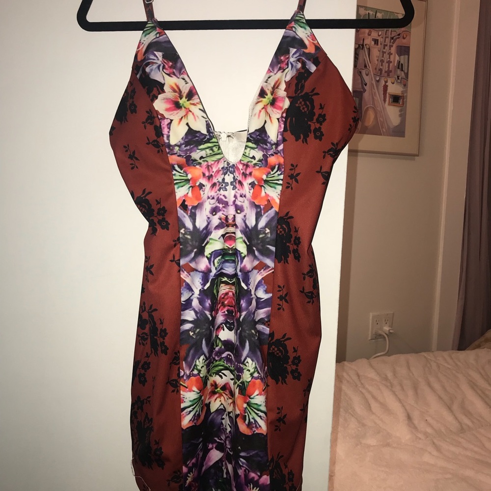 Red & Multi Deep Cut Mini Dress